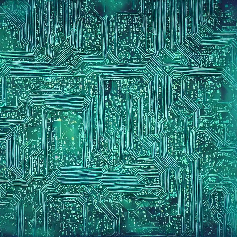Image similar to boards of canada exposed circuit boards, film photo, soft lighting album cover, nostalgia, turquoise gradient