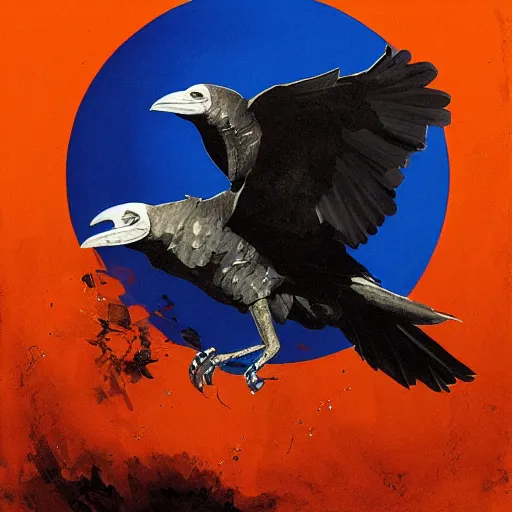 Image similar to indigo raven in flight with one skull in the background with a splash of deep orange greg rutkowski