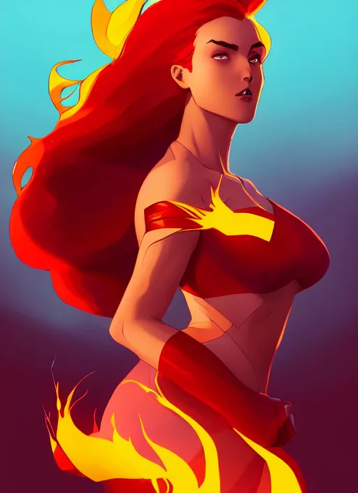 Prompt: jean grey phoenix, flames, in the style of artgerm and charlie bowater and atey ghailan and mike mignola, vibrant colors and hard shadows and strong rim light, epic lighting, comic cover art, plain background, trending on artstation