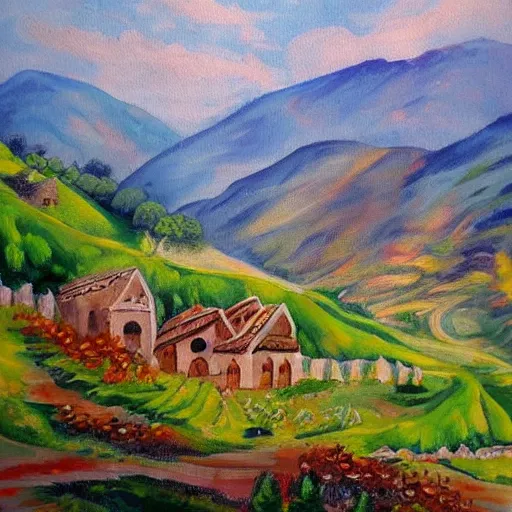 Image similar to A beautiful painting of a village in the mountains, artwork