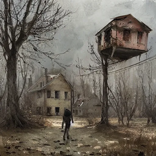 Image similar to painting of a abandoned post soviet town infested with humanoid root monsters by jakub rozalski