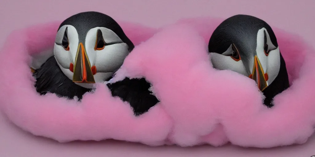 Prompt: realistic puffin sitting in a pink fluffy bed, hyper detailed, trending on artstation