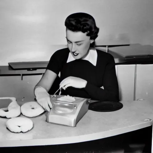 Prompt: an early 1950s photo of someone sitting at a computer making a donut in blender3d