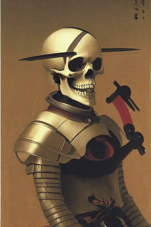 Image similar to portrait of a skull man japanse samurai astronaut with samurai helmets, by bouguereau