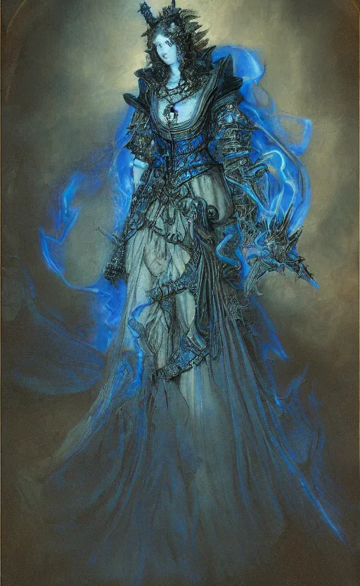 Prompt: Gothic princess in dark and blue dragon armor. By Rembrandt painting (1667), fractal flame!!!!!, highly detailded