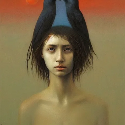 Prompt: young teen female with ((((crow)))) head , painting by Beksinski