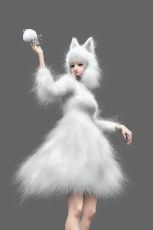 Prompt: beautiful aesthetic full body digital illustration of a young woman wearing a furry white dress, furry white cat ears and tail, by wlop and Julia Razumova, realistic, photorealistic, hyperrealistic, unreal engine, cosplay, octane, deviantArt, trending on artstation, artstation HQ