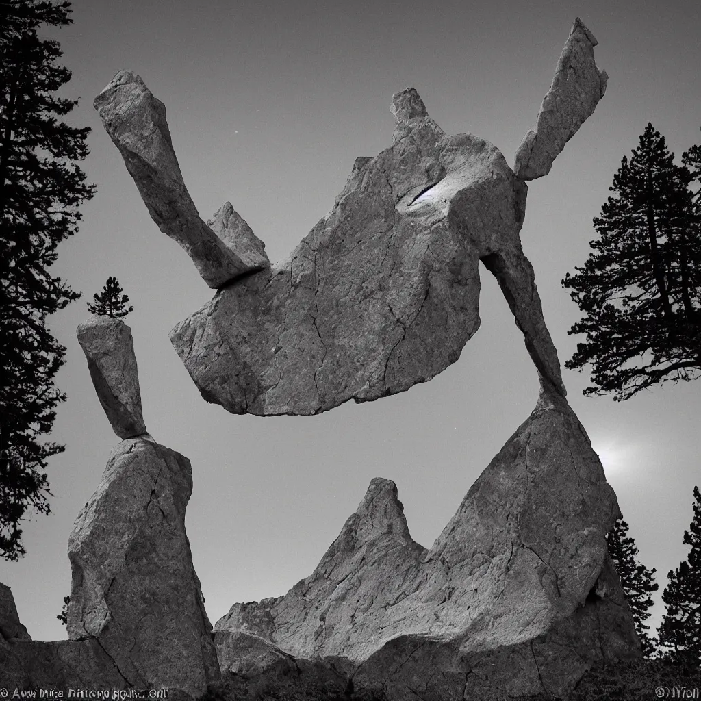 Prompt: to fathom hell or soar angelic, just take a pinch of psychedelic, a colossal minimalistic necktie sculpture installation by ( ( anthony caro ) ) and ( antony gormley ), reimagined by future artists in yosemite national park, granite peaks visible in the background, in the distant future, taken in the night