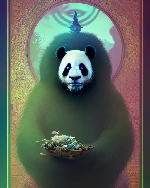 Image similar to highly detailed surreal vfx portrait of a sacred panda, stephen bliss, unreal engine, greg rutkowski, loish, rhads, beeple, makoto shinkai and lois van baarle, ilya kuvshinov, rossdraws, tom bagshaw, alphonse mucha, global illumination, detailed and intricate environment