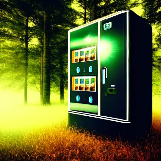 Prompt: dreamlike visage of a vending machine alone in a forest knoll, mystical, unusual, serene, foggy, dawn lighting, dew, mountain forest, hyperdetailed