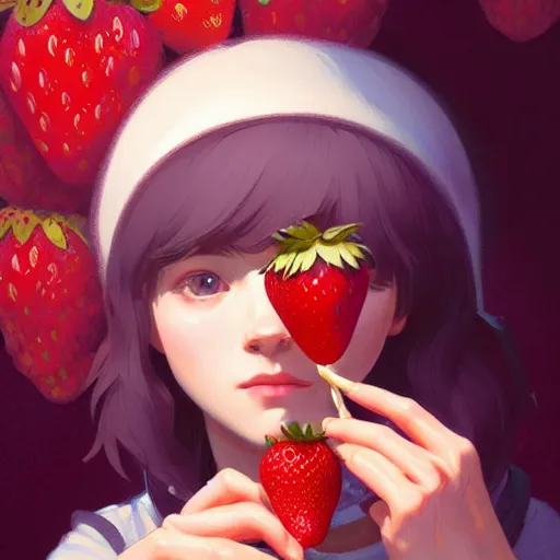 Prompt: Portrait of Madeline from celeste eating a strawberry, highly detailed, digital painting, artstation, concept art, sharp focus, illustration, art by greg rutkowski and alphonse mucha