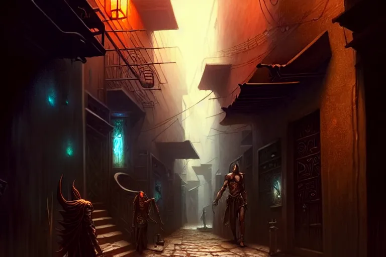 Prompt: a shadowy alleyway in the city of tyr from athas, amazing dark sun d & d art, by gerald brom, by wlop, intricate details, ultra realistic, beautiful, volumetric lighting, warm colors advance cool colors recede, the rule of thirds, by greg rutkowski, trending cgsociety, artstation