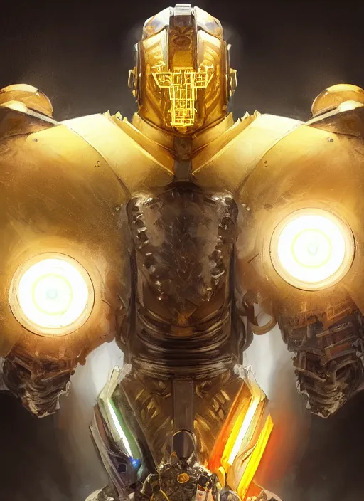 Image similar to dynamic head-on abstract portrait of a intricate glorious holy mechanical warforged character in yellow armor holding a paladin engraved great longsword drawn and carrying a big paladin shield, beam glowing eye , face in focus, epic , trending on ArtStation, masterpiece, cinematic lighting, by Ross Tran and by Greg Rutkowski