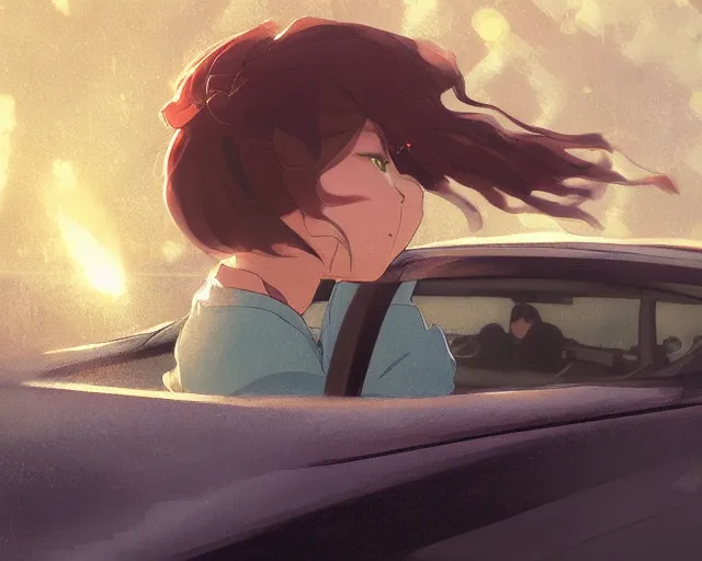 Image similar to a brunnete girl with blue eyes and puffy cheeks driving a car, car accident, close up shot from the back of the car, anime art, Greg Rutkowski, studio ghibli, dramatic lighting