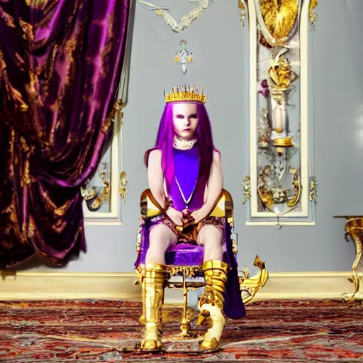 Prompt: A 4k photo of young evil princess with purple hair wearing a diamond crown, sitting in a throne in a dark room.