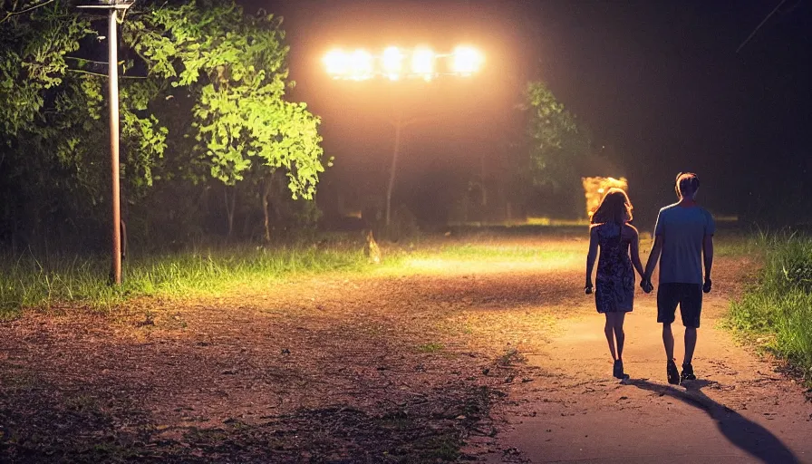 Image similar to a couple walking in the middle of fireflies in a poor neighbourhood, cinematic lighting, wow, establishing shot