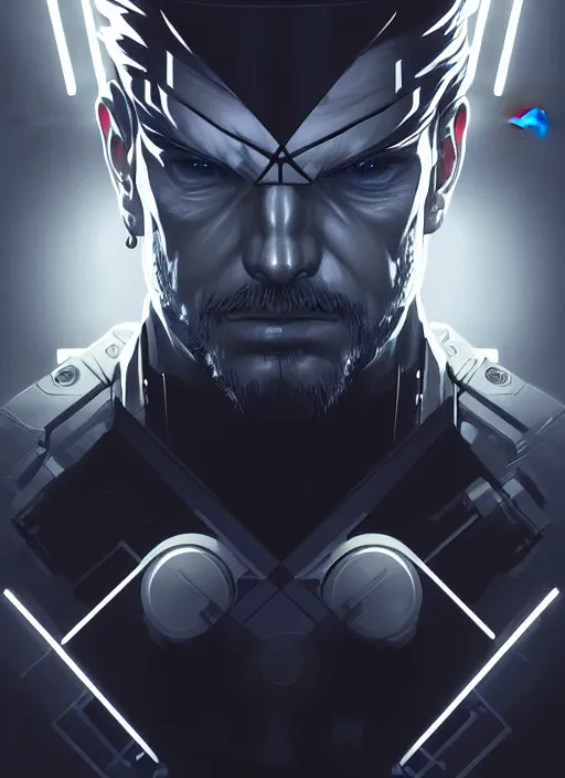 Image similar to symmetry!! portrait of solid snake, metal gear solid, tech wear, glowing lights!! intricate, elegant, highly detailed, digital painting, artstation, concept art, smooth, sharp focus, illustration, art by artgerm and greg rutkowski and alphonse mucha