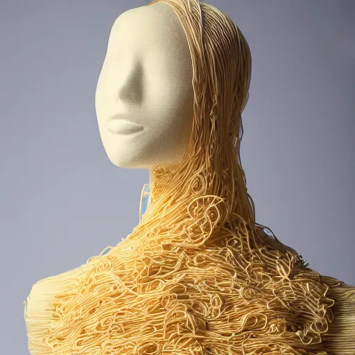 Prompt: a beautiful dress made out of noodles, on a mannequin. high quality, high resolution, studio lighting