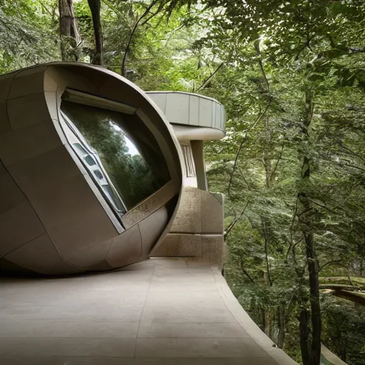 Prompt: futuristic pod dwelling by frank lloyd wright, contemporary architecture, photo journalism, photography, cinematic, national geographic photoshoot