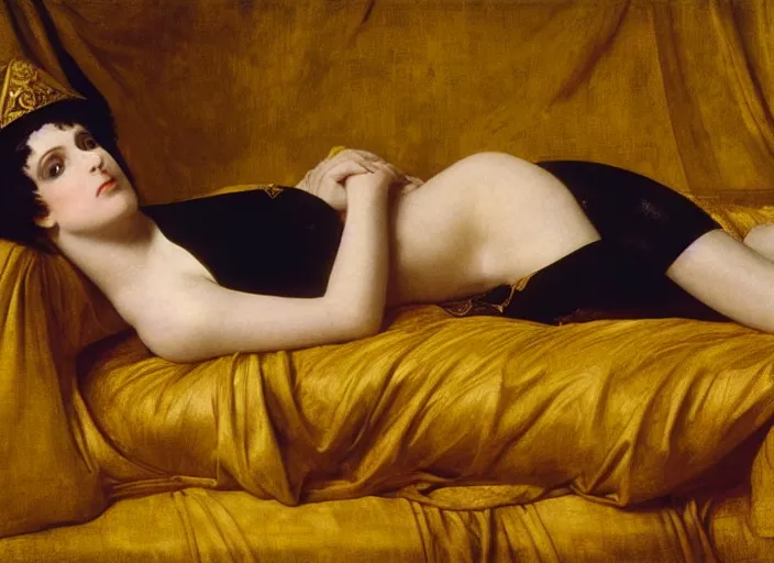Prompt: portrait of liza minelli as a medieval lady reclining on bed, wearing yellow ochre, preraphaelite colour photography by frederic leighton, 8 k