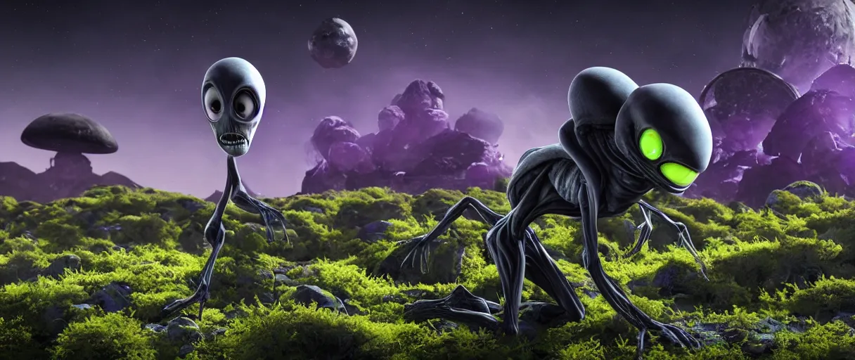 Image similar to grey alien with large black eyes holding an energy rifle on an alien planet with purple soil, green sky, blue and yellow fauna, alien creatures in the background, 3d render, Unreal Engine, octane render, ray tracing, Unity, highly detailed, high quality, HD, 4k, 8k, realistic, sharp, trending - H 800