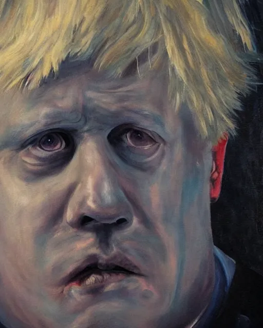 Prompt: dark impressionist painting of a portrait of a horror monster looking like boris johnson