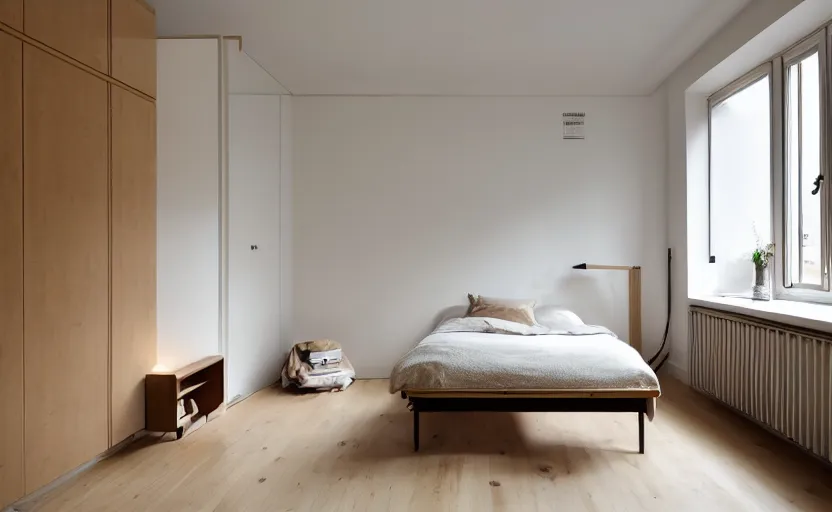 Image similar to interior of a compact bedroom in an apartment building, bed, ocher wall, cupboards, japanese design, swedish design, natural materials, minimalism, pine wood, earth colors, feng shui, white, beige, bright, windows with a view of a green park, modernist, 8 k