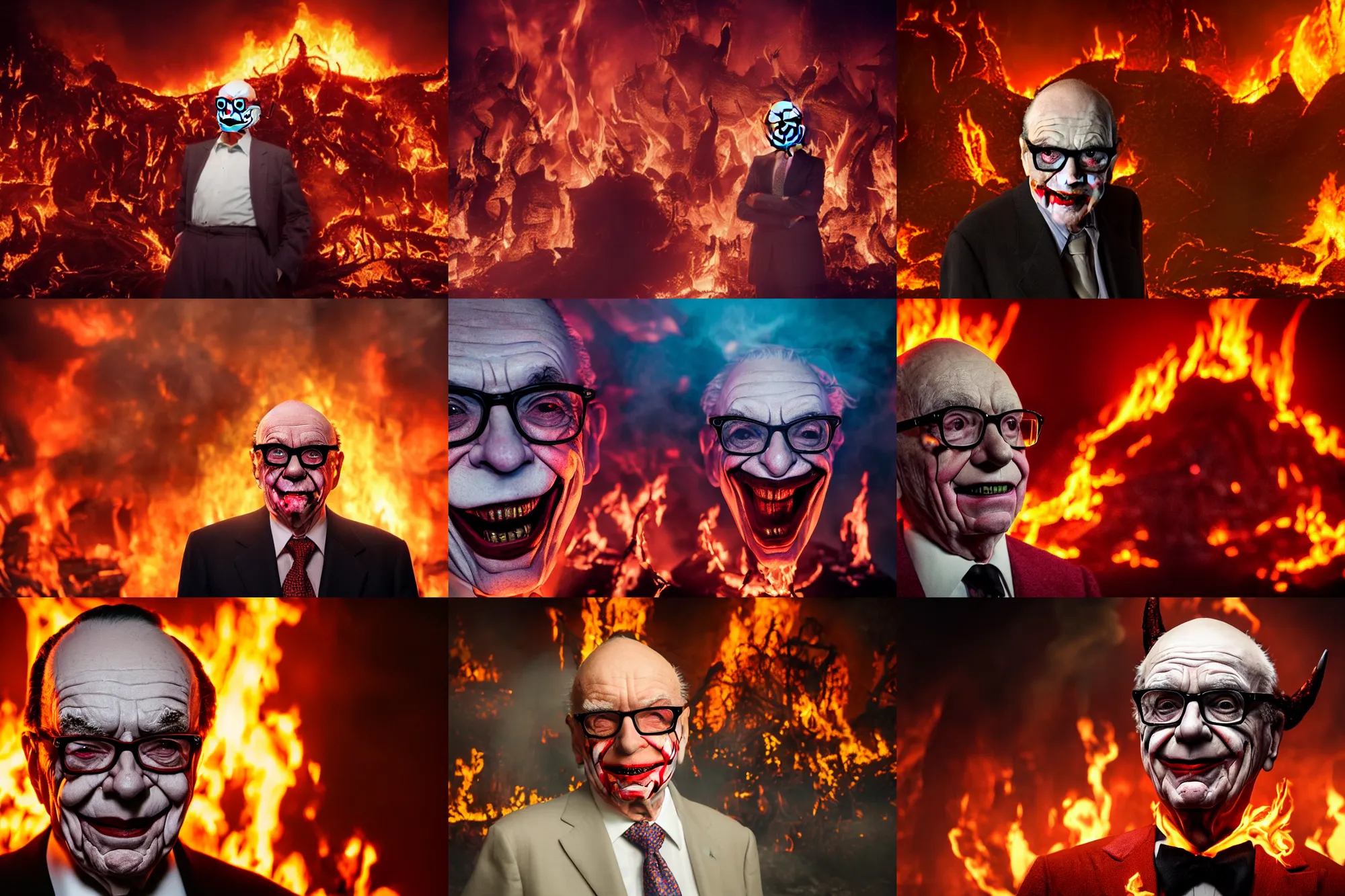 Prompt: Rupert Murdoch as the Joker with horns wearing glasses, standing in hell surrounded by fire and flames and lava and brimstone and a demonic army, volumetric light glow, portrait photography, depth of field, bokeh