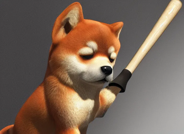 Prompt: digital art of a buff shiba inu holding a baseball bat. Highly detailed 8k, fantasy