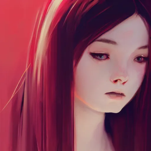 Image similar to a cute girl by ruan jia, 8 k, closeup headshot, smooth, trending on artstation, black long hair, a red flower in her hair