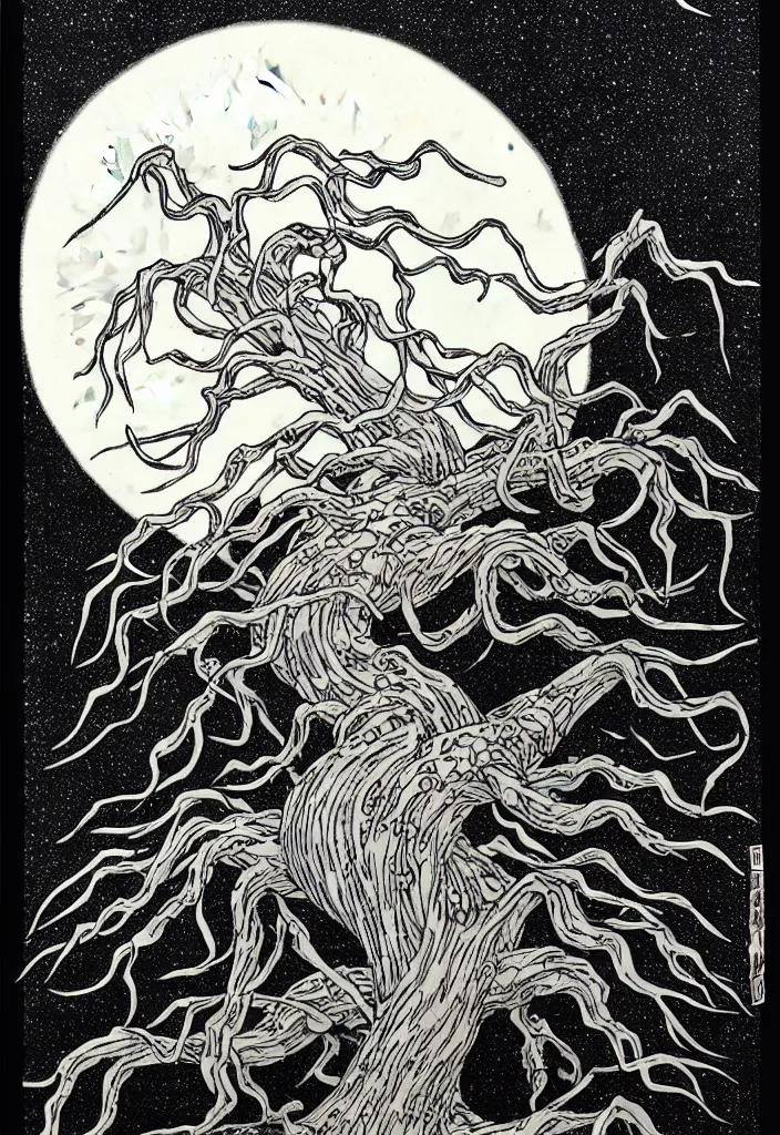 Image similar to prompt: magical white skeleton Bonsai tree squid creature roots merging into big moon drawn by TakatoYamamoto, Japanese woodblock print style, inspired by 1980's sci-ci, clean ink detailed line drawing, intricate detail, manga 1980