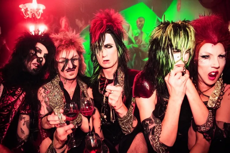 Image similar to glam rockers drinking brutal and raw wine, inside a green room with red lights in renaissance style