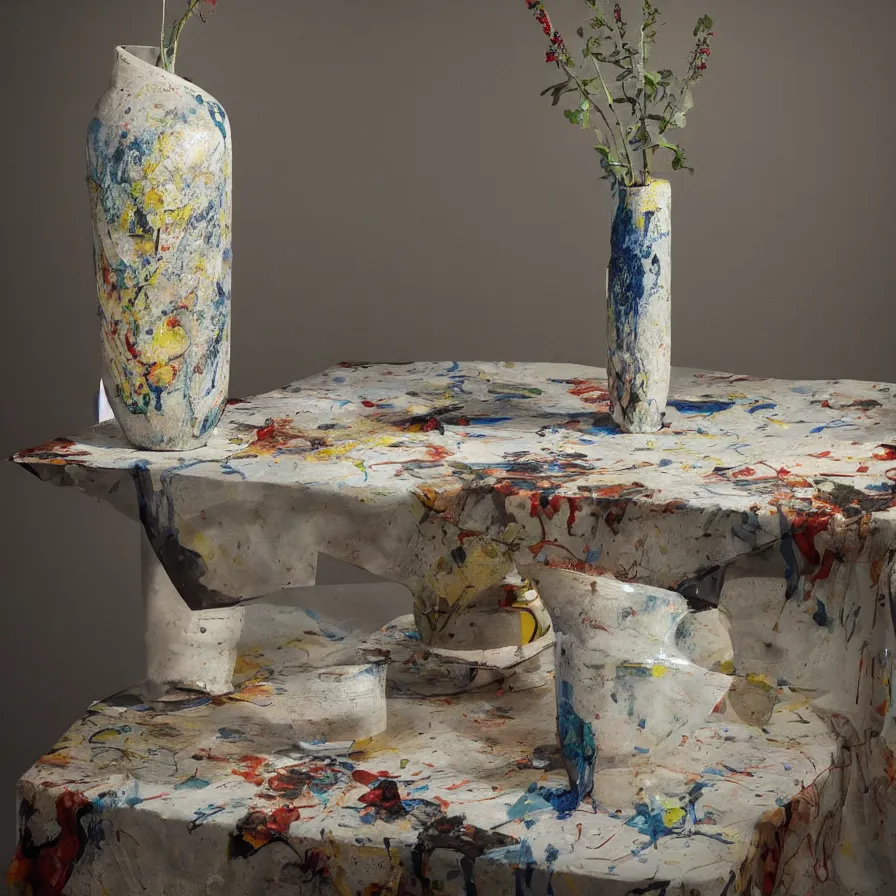 Prompt: beautiful ceramics studio photograph of a tall angular stoneware vase glazed by jackson pollock placed on a tablecloth on a wooden table, hyperrealism 8 k trending on artstation