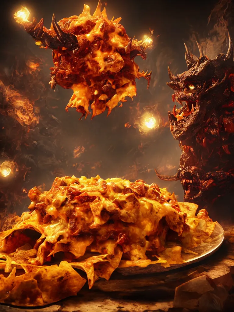 Image similar to evil demon nachos monster coming off the plate, dramatic lighting, hyperrealistic, ultrarealistic, intricate details, 4k, unreal 5, digital art