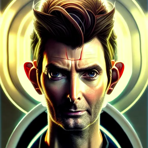 Image similar to portrait painting of a cyberpunk elven david tennant with thin pointy ears, ultra realistic, concept art, intricate details, eerie, highly detailed, photorealistic, octane render, 8 k, unreal engine. art by artgerm and greg rutkowski and charlie bowater and magali villeneuve and alphonse mucha