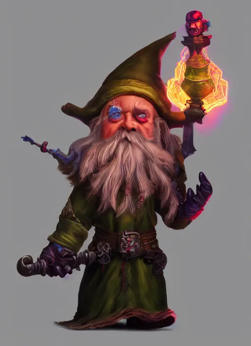 Prompt: a highly detailed airbrush painting of a evil mage gnome, trending on artstation, unreal 5, daz, hyperrealistic, octane render, dungeons and dragons, dynamic lighting