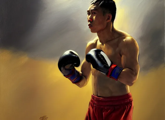Image similar to greg manchess portrait of a filipino boxer in a victorious pose in an arena, organic painting, sunny day, matte painting, bold shapes, hard edges, street art, trending on artstation, by huang guangjian, gil elvgren, ruan jia, randy vargas, greg rutkowski