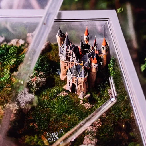 Prompt: aerial photo of castle in a terrarium, sigma 5 0 mm f 1. 4, cinematic macro photography