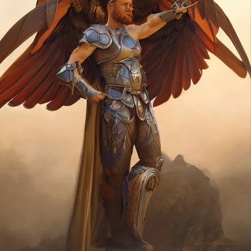 Image similar to Gladiator with Wings of knowledge, detailed, centered, digital painting, artstation, concept art, donato giancola, Joseph Christian Leyendecker, WLOP, Boris Vallejo, Breathtaking, 8k resolution, extremely detailed, beautiful, establishing shot, artistic, hyperrealistic, beautiful face, octane render, cinematic lighting, dramatic lighting, masterpiece