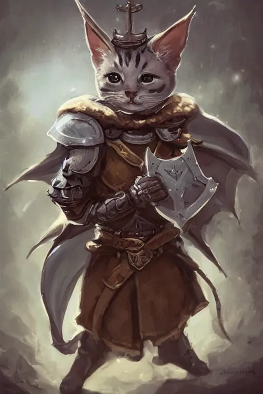 Image similar to cute little anthropomorphic cat knight wearing a cape and a crown, tiny, small, miniature cat , baby animal, short, pale blue armor, cute and adorable, pretty, beautiful, DnD character art portrait, matte fantasy painting, DeviantArt Artstation, by Jason Felix by Steve Argyle by Tyler Jacobson by Peter Mohrbacher, cinematic lighting