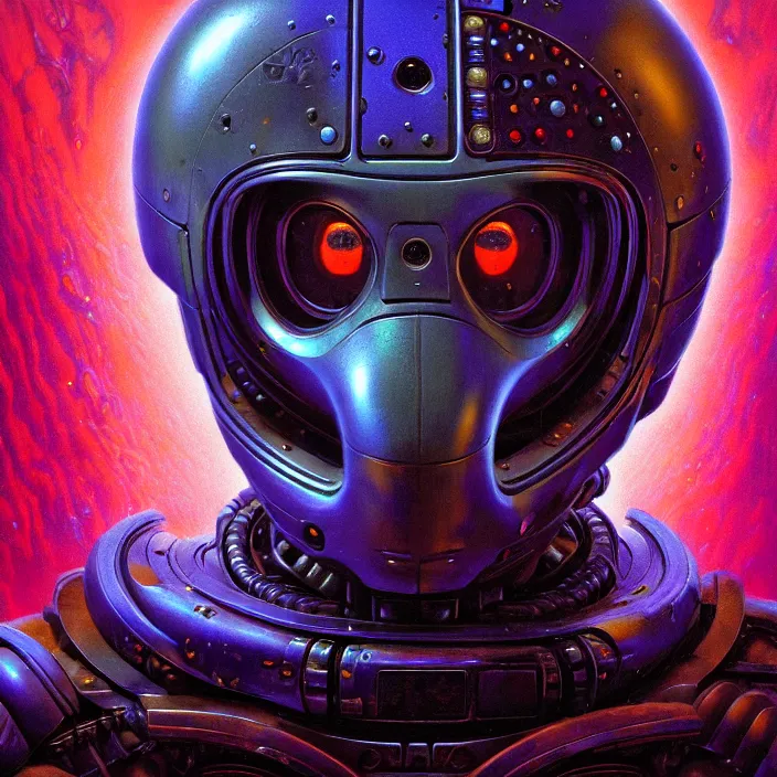 Prompt: cinematic bust portrait of psychedelic robot with big sweat drops on forehead from left, head and chest only, exotic alien features, robotic enhancements, desaturated, Tim Hildebrandt, Wayne Barlowe, Bruce Pennington, donato giancola, larry elmore, oil on canvas, masterpiece, trending on artstation, featured on pixiv, cinematic composition, dramatic pose, beautiful lighting, sharp, details, hyper-detailed, HD, HDR, 4K, 8K