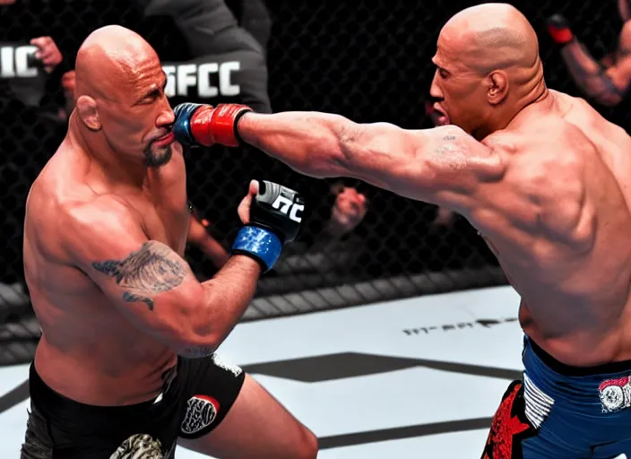 Image similar to dwayne the rock johnson fighting in the ufc, 4 k, photorealistic