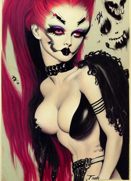 Image similar to goth girl burlesque psychobilly punk, detailed face, white background, drawing, illustration by frank frazetta and boris vallejo