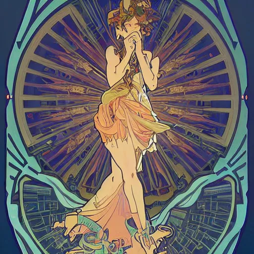 Prompt: a beautiful and epured picture of a cyberpunk Montpellier by Alphonse Mucha trending on Artstation-n 5
