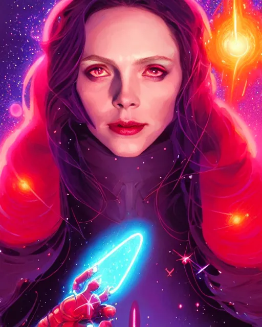 Image similar to a character portrait of scarlet witch with glow, surrounded with spiriling sparkling flash crystals and galaxies, by jesper ejsing, aleksi briclot, hyper light drifter, by ilya kuvshinov katsuhiro, jim burns, ed emshwiller, greg rutkowski, trending on artstation