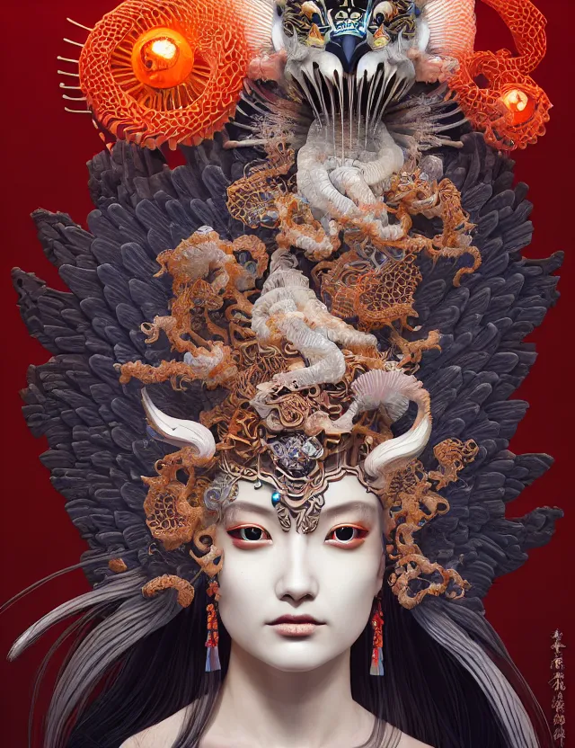 Prompt: 3 d goddess close - up 3 / 4 portrait with ram skull. beautiful intricately detailed japanese crow kitsune mask and clasical japanese kimono. betta fish, jellyfish phoenix, bio luminescent, plasma, ice, water, wind, creature, artwork by tooth wu and wlop and beeple and greg rutkowski