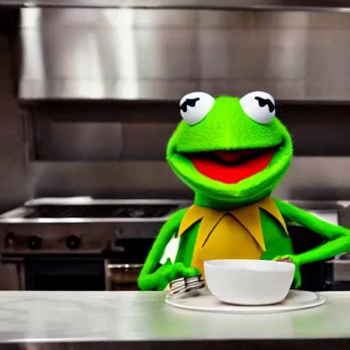 Prompt: Kermit the frog as the chef in a high end restaurant kitchen expensive gourmet fancy Michelin photo 4k journalism