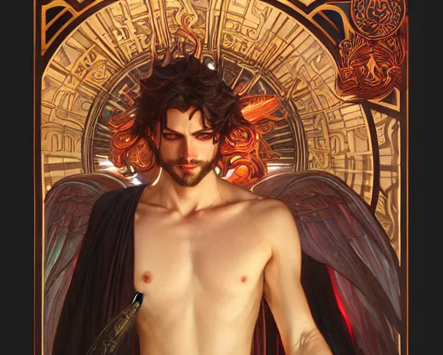 Image similar to attractive male deity, casting dark magic, summoning handsome lucifer morningstar, highly detailed painting by artgerm and greg rutkowski and alphonse mucha