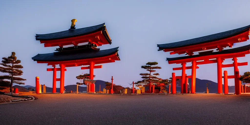 Prompt: A night photo of a school bus driving towards a Japanese Torii gate at Mount Fuji location in Japan, time travel, ray tracing