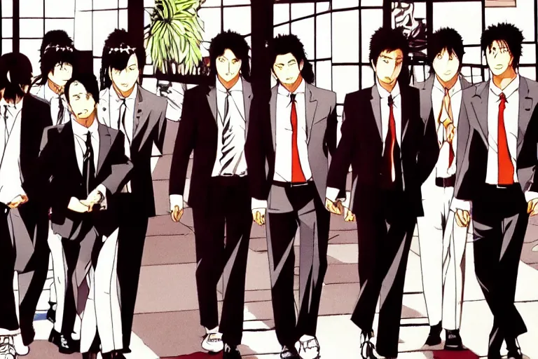 Image similar to japanese anime remake of Reservoir Dogs, still capture